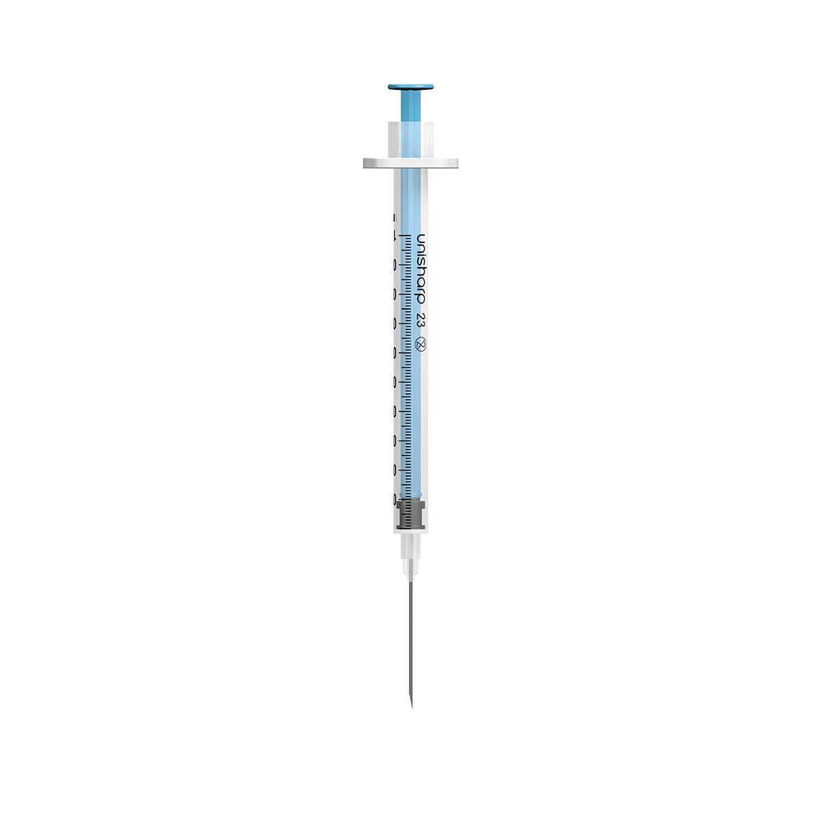1 ml 23G 25 mm 1 tum Unisharp fast blå nålspruta u100