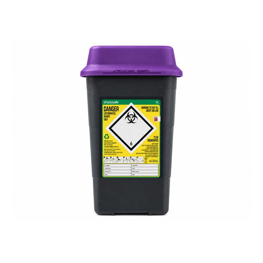 7 l bred Sharpsafe-behållare för stickande och skärande avfall, återvunnen, med lila lock