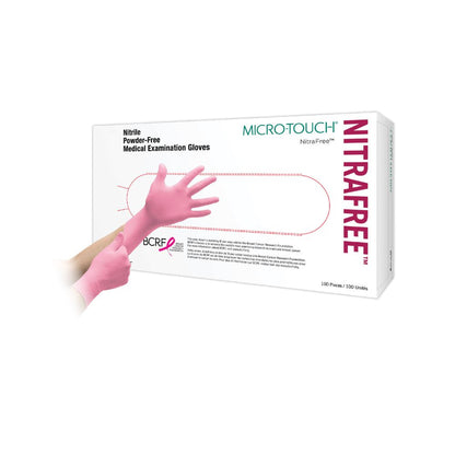 Rosa Ansell Micro-Touch NitraFree nitrilundersökningshandskar, förpackning med 100