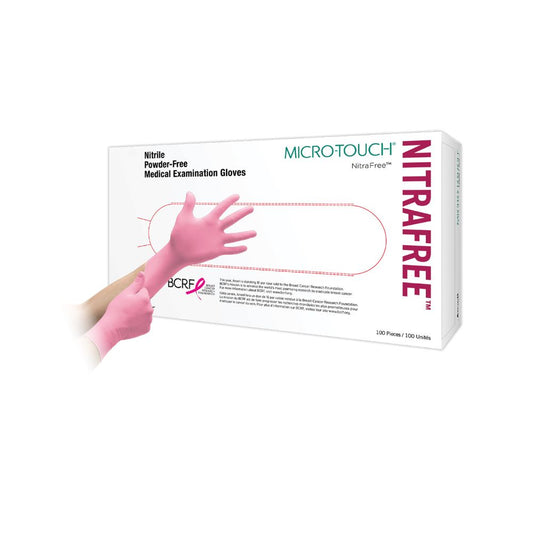 Rosa Ansell Micro-Touch NitraFree nitrilundersökningshandskar, förpackning med 100