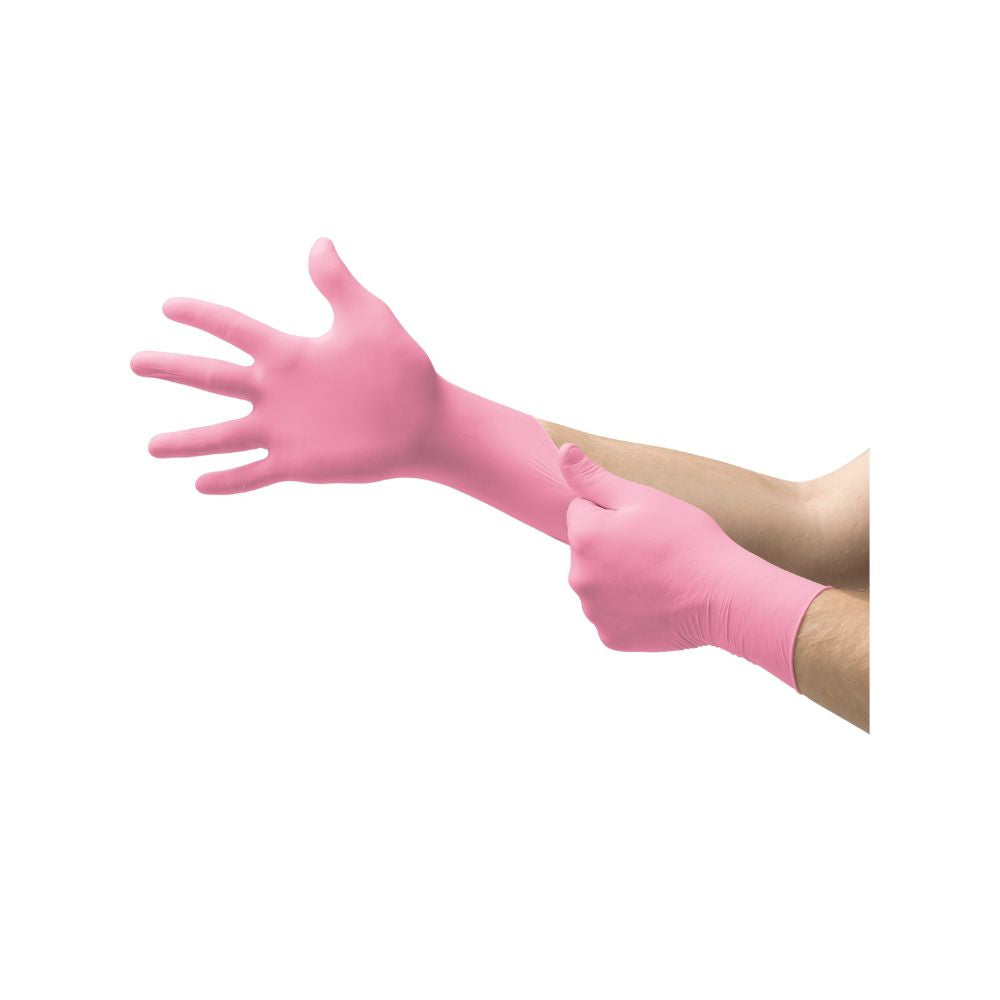 Rosa Ansell Micro-Touch NitraFree nitrilundersökningshandskar, förpackning med 100