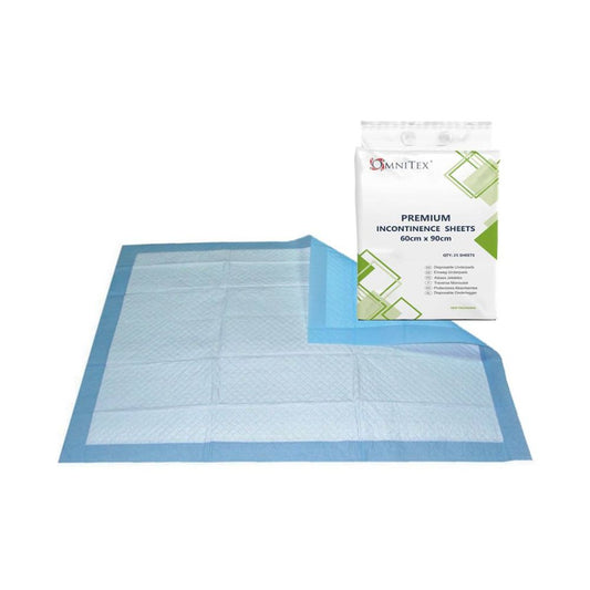 Omnitex 60 cm x 90 cm Premium inkontinenslakan för engångssängar Paket med 25