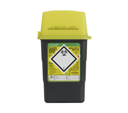 1 Litre Sharpsafe Grey Sharps Bin Yellow Lid