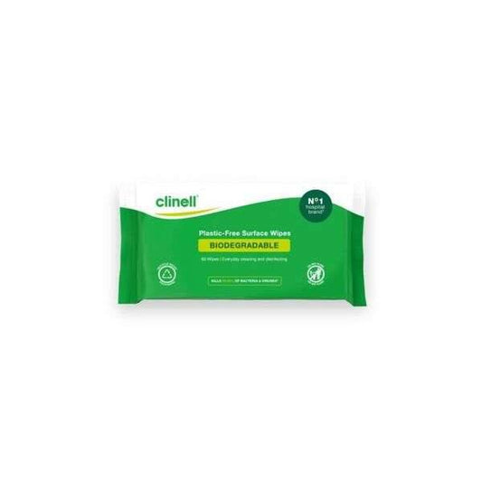 Packaging of Clinell Biodegradable Universal Wipes, indicating the product is biodegradable and suitable for surface cleaning.