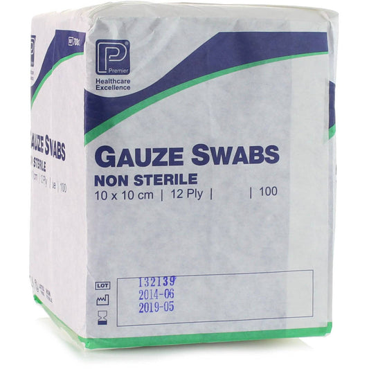 10 x 10cm 12ply Premier Green Cotton Gauze Swabs Pack of 100