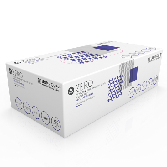 Unigloves Advanced Zero Accelerator Fri nitrilundersökning mångsidig och fri från pulverlåda med 100
