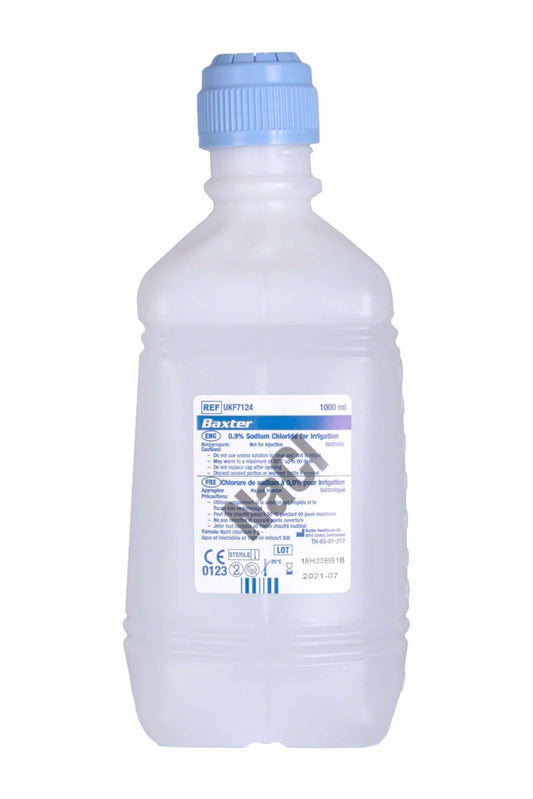 1 liter NaCl 0,9% natriumklorid för bevattning Baxter NaCl 0,9% natriumklorid (saltlösning) för bevattning. En liter (1000 ml).
